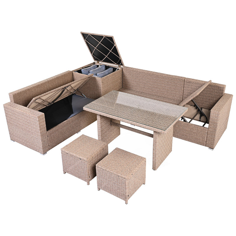 Ensemble de conversation modulaire avec coussins 6 pièces Nadhir, Gris clair, Naturel