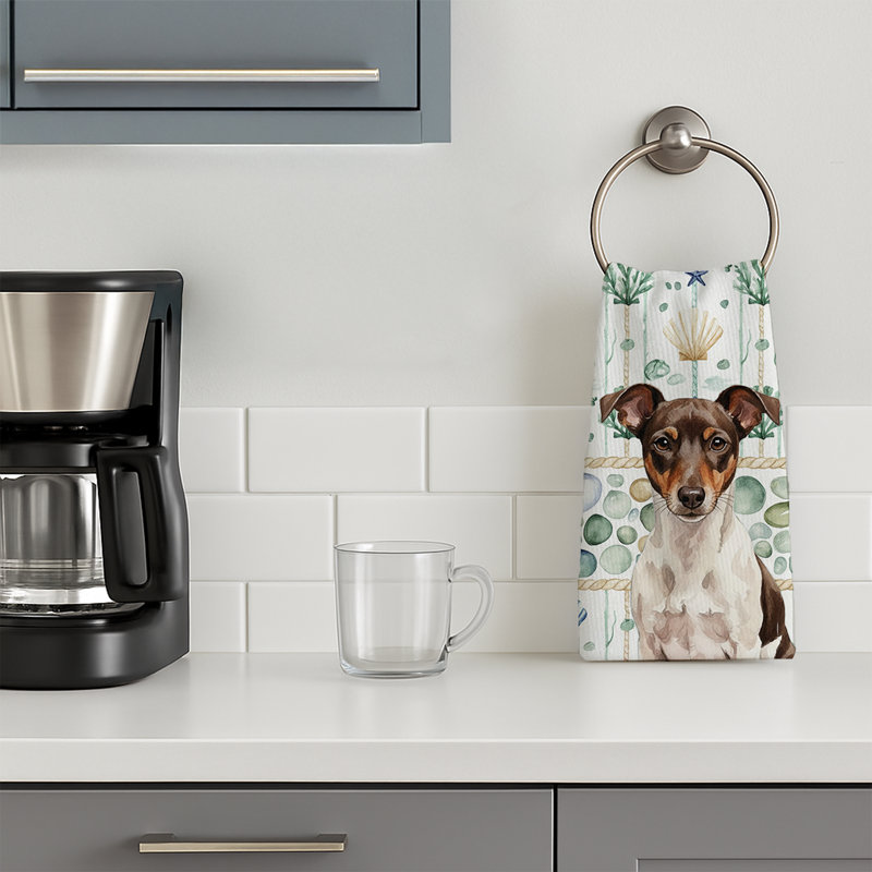 Chocolate and White Rat Terrier Coastal Sea Glass Kitchen Towel, Chocolate and White Rat Terrier