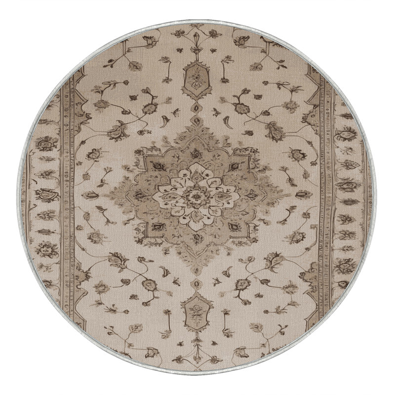 Tapis beige Tabriz lavable à la machine, Rond 4 pi