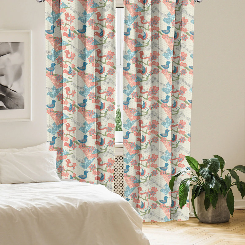 Blue and Salmon Floral Pattern Room Darkening Curtain Panel Pair