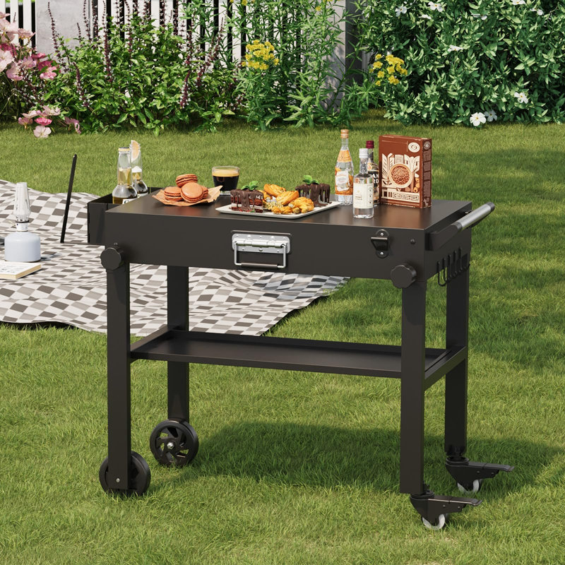 Chariot de barbecue extérieur robuste avec tablette pliable, chariot de table de préparation roulant en acier inoxydable