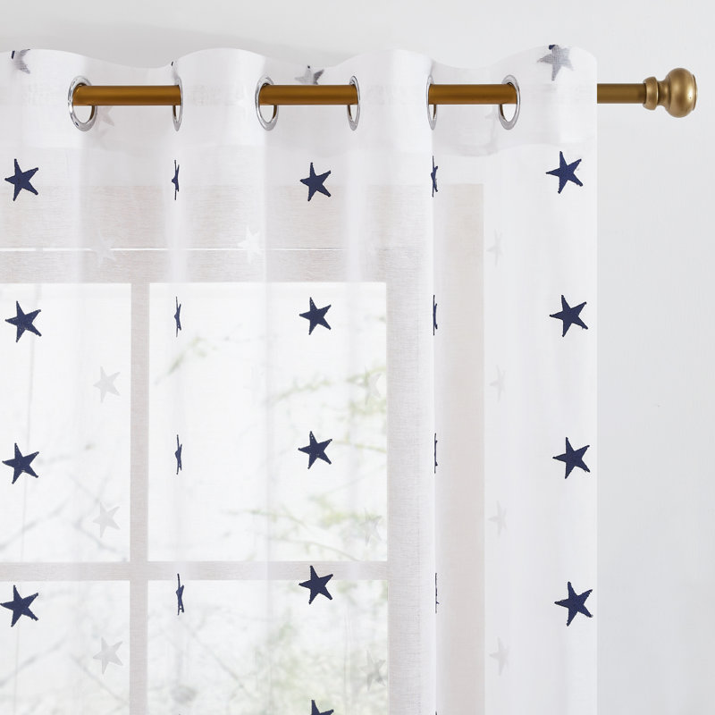 Embroidered Pentagram Light Filtering Sheer Curtains (Set of 2), 52" W x 63" L, Navy Blue
