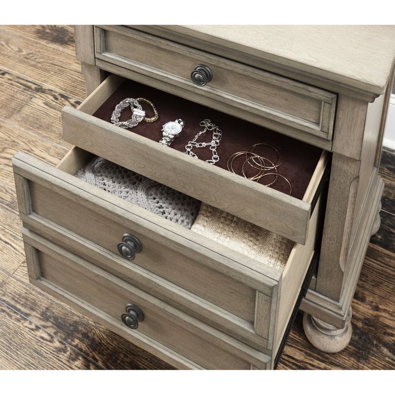 Table de chevet de chambre à coucher avec placage de bouleau gris, rangement de tiroir caché, 2 tiroirs, sans assemblage en gris, nécessaire