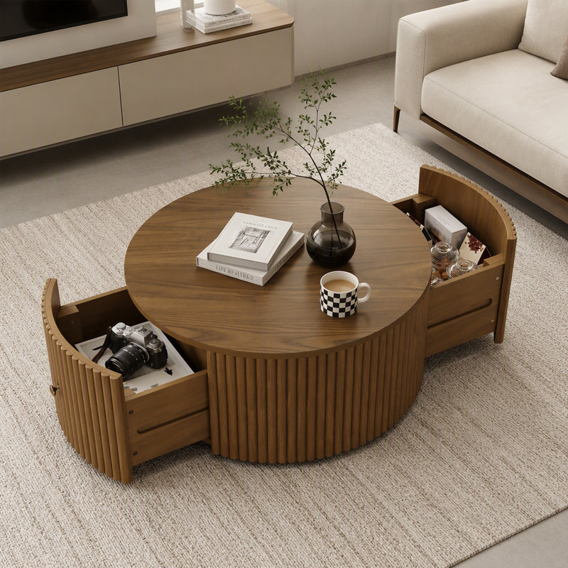 Table basse cylindrique ronde à roulettes avec roulettes et deux tiroirs de rangement cachés
