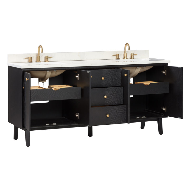 Adele 72" Free Standing Double Bathroom Vanity with Quartz Top, Black, Gold