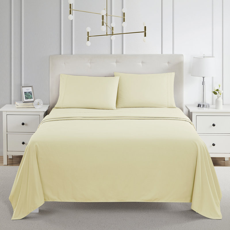  Ensemble de draps double brossé de luxe pour hôtel avec draps et taies d'oreiller très doux, Jaune vanille, Très grand