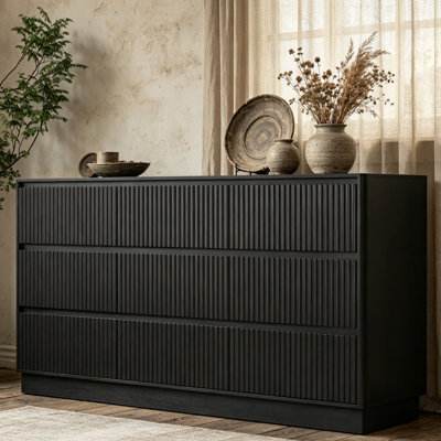 Commode 9 tiroirs pour chambre à coucher avec grands tiroirs, commode en bois de 63 po de largeur, grande commode au sol, meuble télé long et moderne, table d'appoint avec rangement Mid-Century, noir
