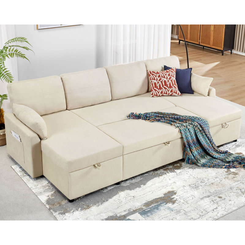 110-Inch Beige Chenille Sectional Sleeper Sofa with Storage Chaise