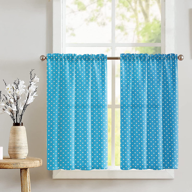 Rideau de café à pois sur mesure en mélange de coton l 27 po, Blanc / turquoise