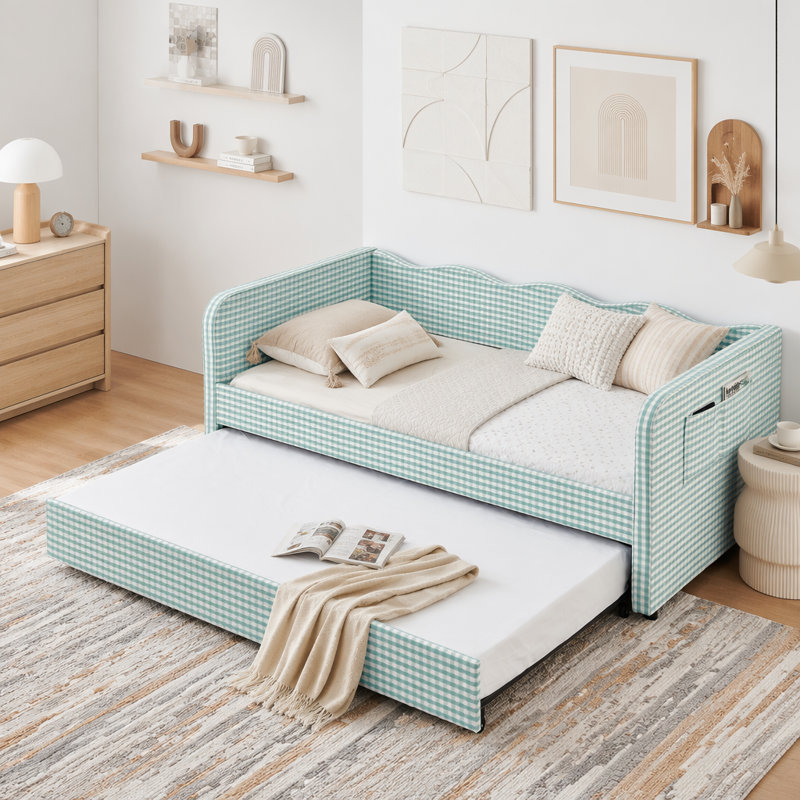 Lit de jour simple en vichy convertible 3 en 1 avec couchette et poches de rangement, Cyan