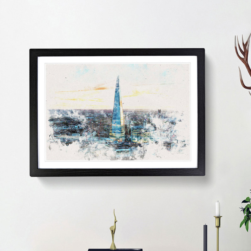 The Shard London England Skyline - Picture Frame Painting Print on MDF, 45cm H x 63cm W x 2cm D, Black Framed
