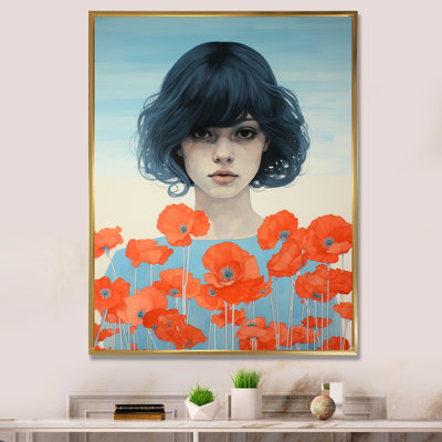 Jeune femme dans un champ de coquelicots rouges sur toile