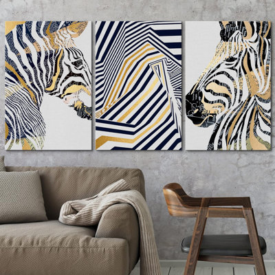 Style géométrique, jungle, zèbre, animaux, bandes dessinées, art moderne, portrait sauvage rustique, 3 pièces