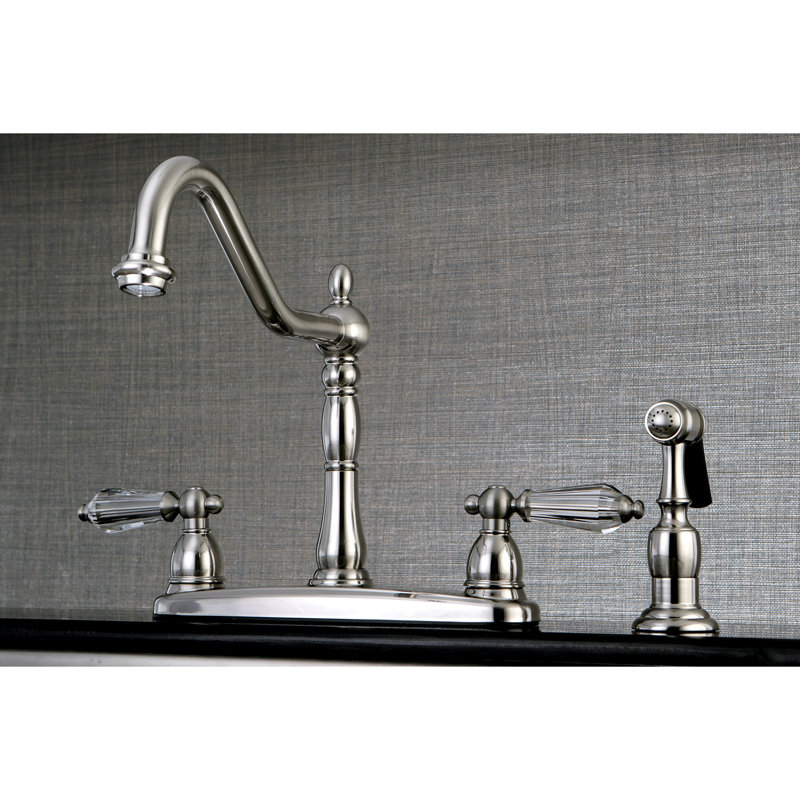 Kingston Brass Wilshire Two-Handle 4-Hole 8" Centerset Kitchen Faucet with Brass Side Sprayer, Brushed Nickel