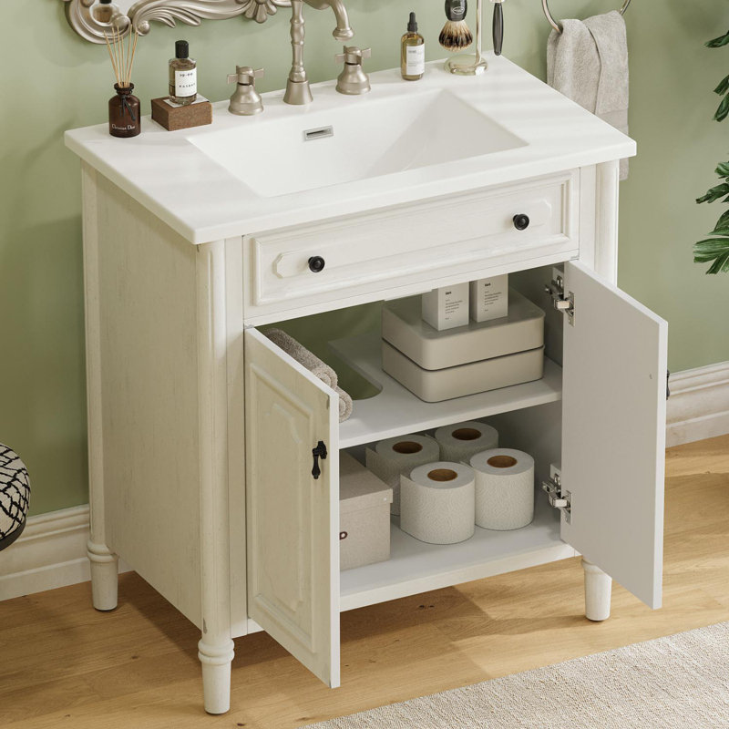 Bathroom Vanity with Sink, Soft Close Doors and Adjustable Shelf, White