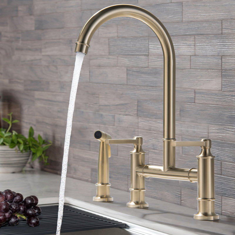 15" Stainless Steel Bridge Kitchen Sink Faucet with Side Sprayer, Brushed Gold, 3.2 GPM