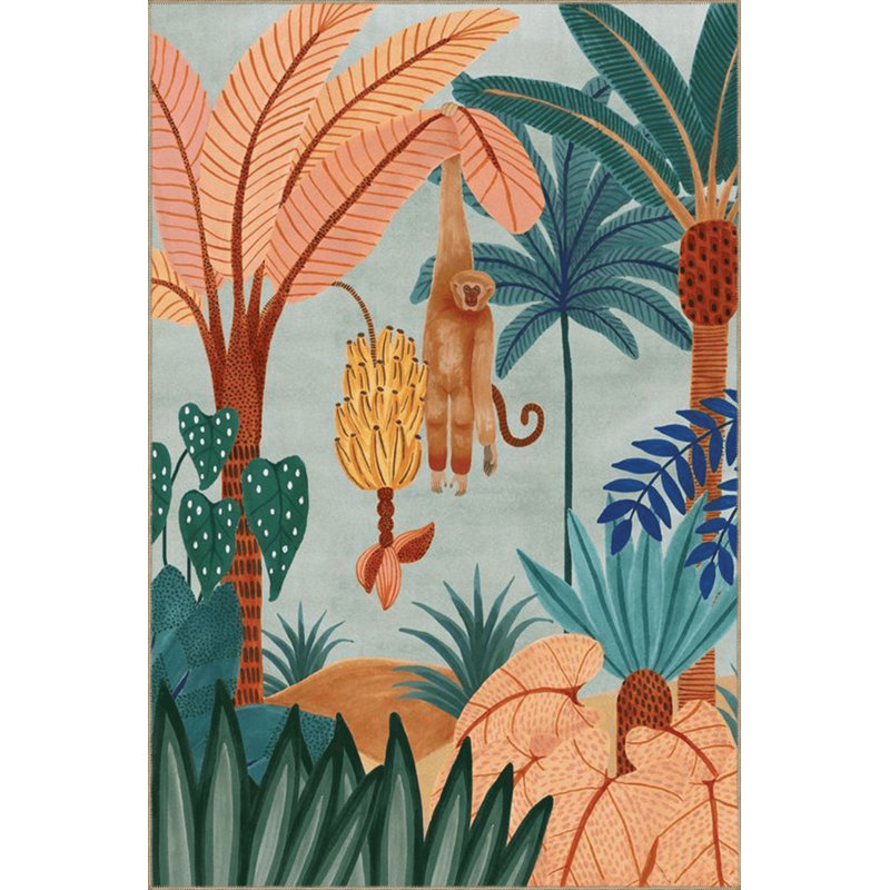 Forest Themed Multicolor Tree and Monkey Pattern Modern Decorative Machine Washable Rug, Runner 2'6" x 6'7" Rug Pad Included
