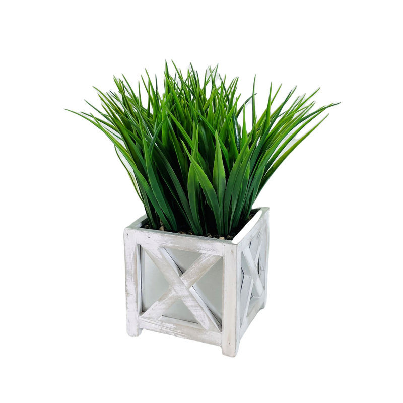 Herbe en bois et pot à fleurs en métal 11 po