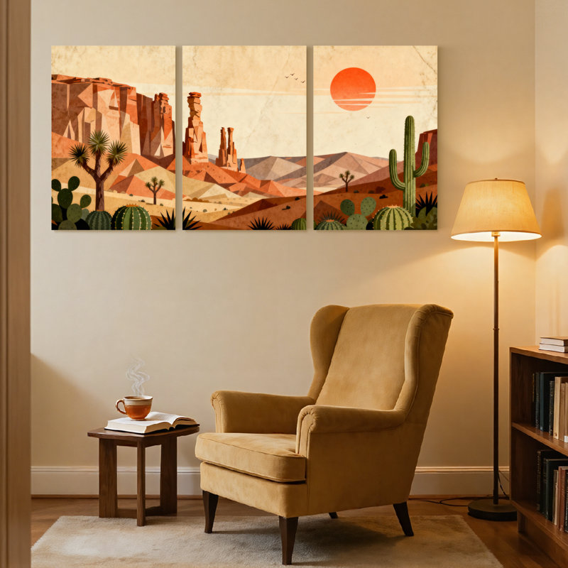«Landscape & Nature Desert Landscape with Cacti and Rock Formations», ensemble de 3 impressions d'art sur toile