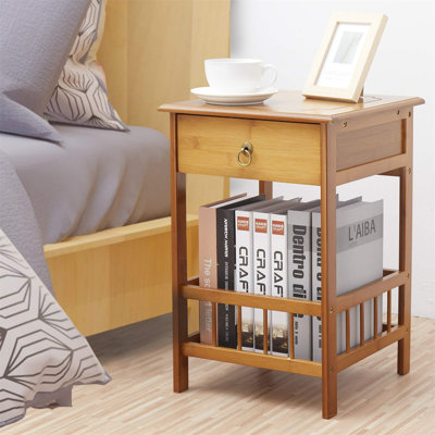 Retro Bedside Table 2-Tier Square Nightstand With Easy Pulling Drawer Sturdy Bamboo End Table Beautiful & Rustic Coffee Side Table With Fence,Indoor Display Plant Table For Corridor Corner