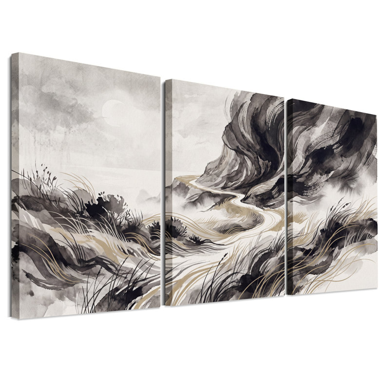 Ensemble de 3 toiles murales monochromes représentant un paysage de rivière avec des herbes dorées., 18"H x 12"W x 3pcs