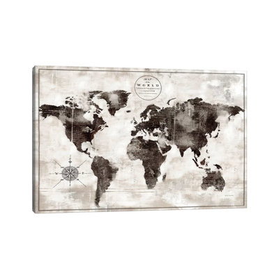 «Rustic World Map Black and White» par Marie Elaine Cusson - impression sur toile tendue
