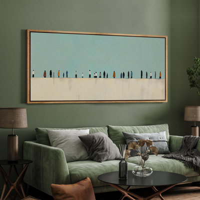 Grand mur occidental, religieuse, minimaliste contemporain, cyan et beige, silhouettes de personnages, images murales de salon, estampe numérique sur toile, art numérique encadré très grand