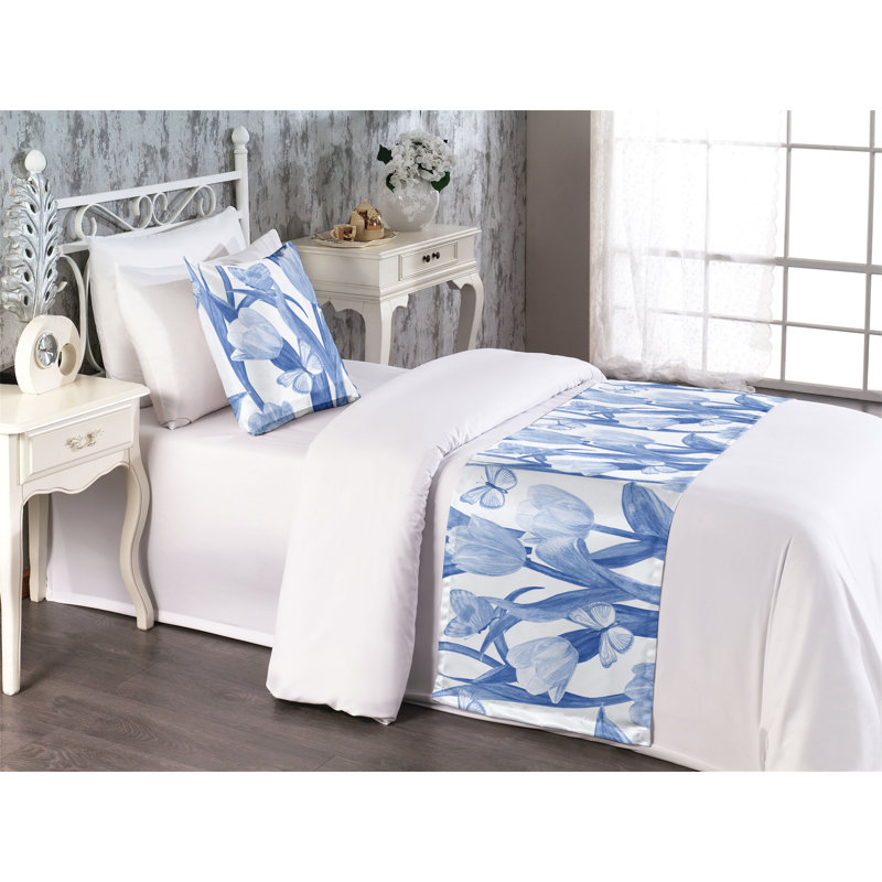 Ambesonne Spring Bed Runner Set Tulips Butterflies Pattern Blue and Pale Grey, Twin