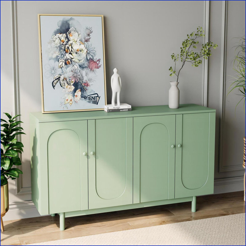 Cabinets 4-Door Intaglio Storage Cabinet, Mint Green, MDF/Pine Legs/Solid Wood Pulls, 59.1"L x15.8"W x32.4"H | Contemporary | Living Room