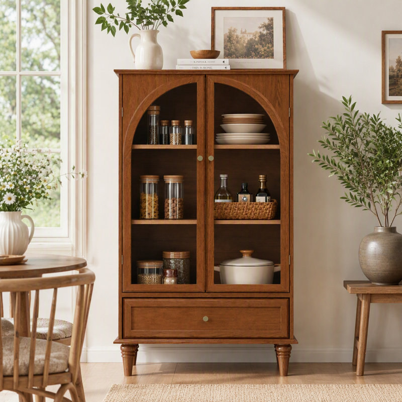 Vitrine d'appoint vintage de style campagnard avec étagères et tiroir réglables, en MDF plaqué bois véritable, avec pieds en bois massif.