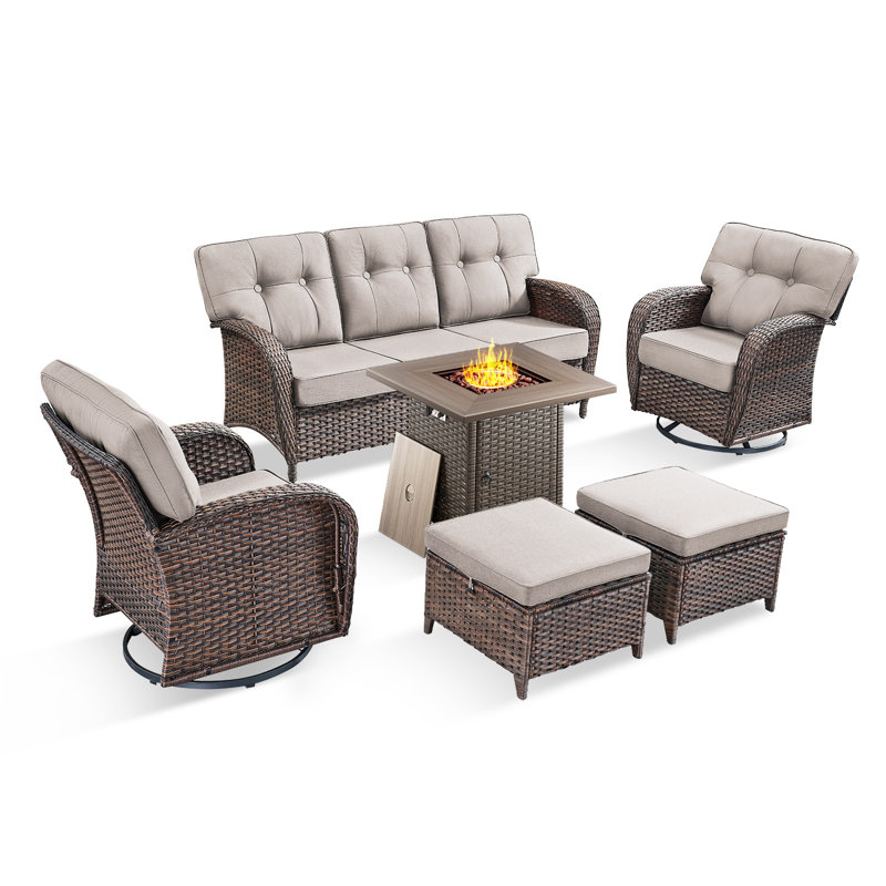 Ensemble de conversation pour patio en osier de 6 pièces avec table carrée et chaises pivotantes Fiorillo, Beige
