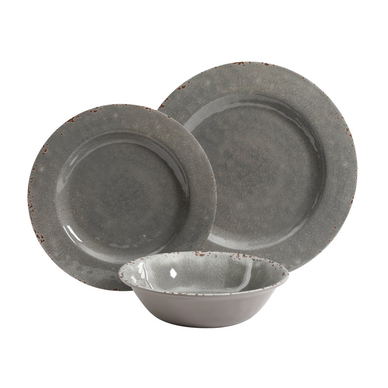 Mauna Gray Crackle Melamine 12-Piece Dinnerware Set, Service for 4