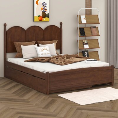 Grand lit plateforme avec tête de lit courbée, 2 grands tiroirs, cadre de lit en bois de style rustique avec lit gigogne simple TG