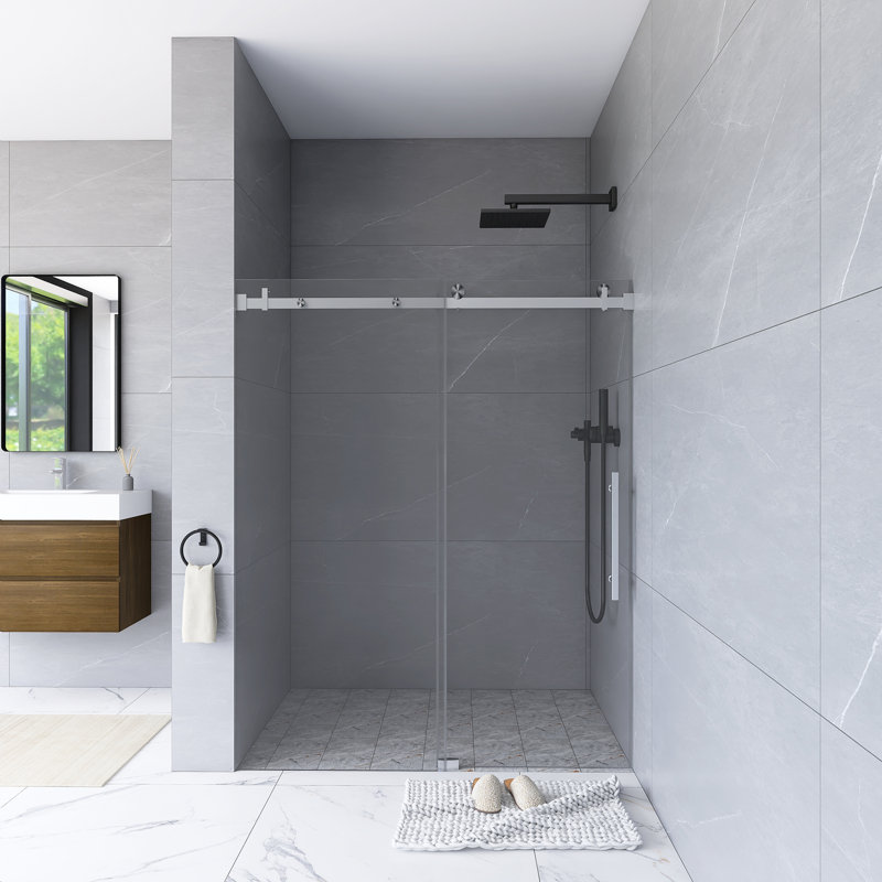 76" Frameless Clear Glass Sliding Shower Door with Brushed Nickel Hardware