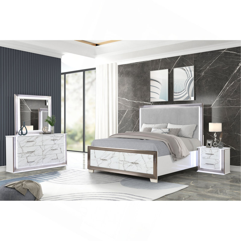 Commode Desire à motifs de tiroirs en marbre avec une finition blanche élégante, une poignée métallique et six tiroirs spacieux pour un rangement élégant dans la chambre à coucher (INCLURE SEULEMENT DRESSER)