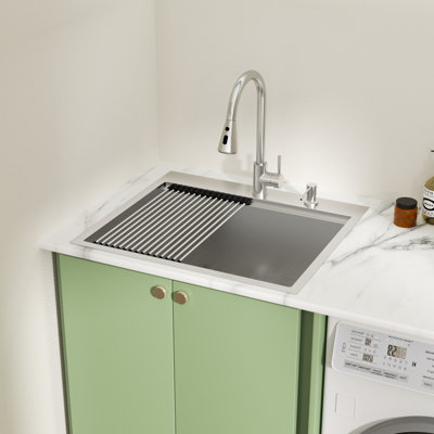 25'' L x 12''D Drop-in Workstation Laundry Sink, Stainless Steel Single Bowl Sink With Gird, Strainer, Soap Dispenser, Cutting Borad And Roll-up Rack