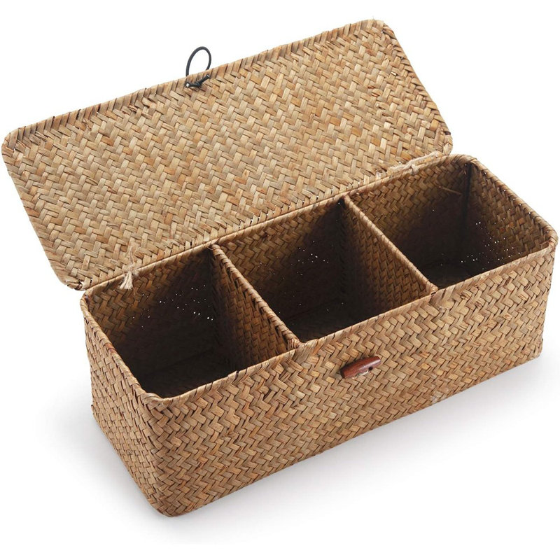 Seagrass Woven Toilet Roll Storage Basket With Lid – Natural Rectangular Organizer With Sections For Bathroom, Snacks, Toys, Or Tampons