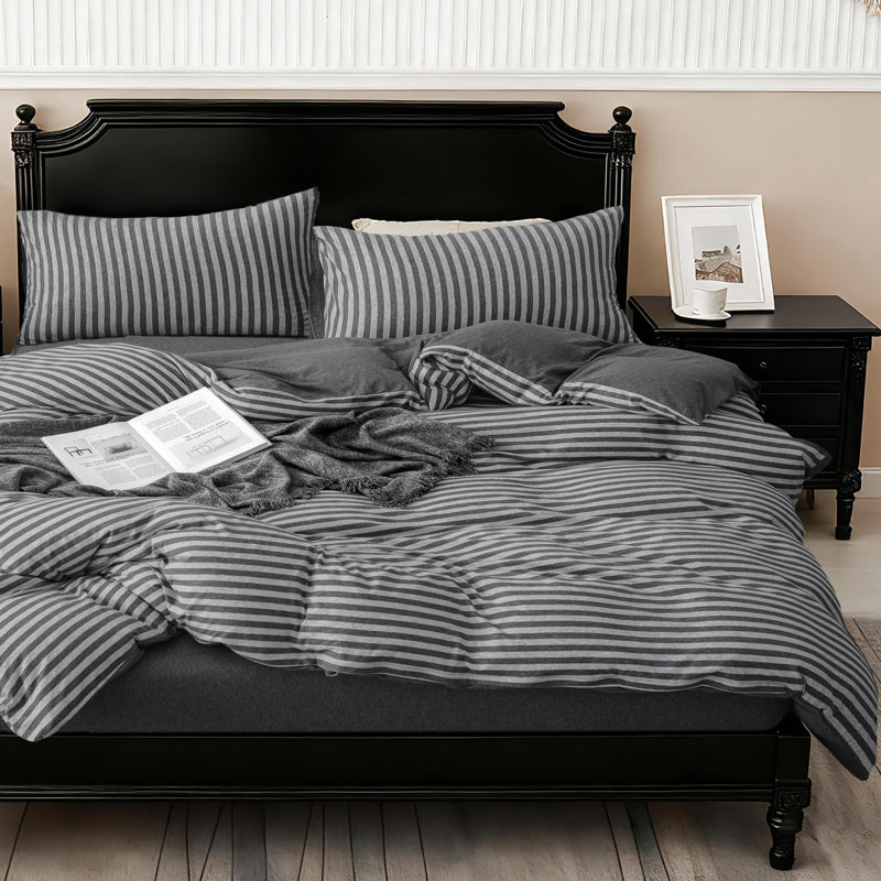 Ensemble en jersey de coton, Gris anthracite, rayé, Housse de couette pour grand lit et 2 taies décor