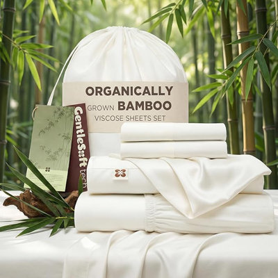 Bedsure 100% Organically Grown Bamboo Viscose Sheets - 18 Inches Deep Pocket Sheets With Elastic Corner, King Size Sheets Set, -Soft, Silky & Cooling Bedsheets, Oeko-Tex, 4 Pieces, Ivory