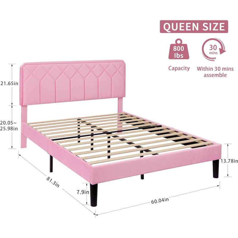 Structure de lit plateforme grand avec tête de lit tapissier en velours et support en lattes de bois, sommier à ressorts / pas de sommier nécessaire