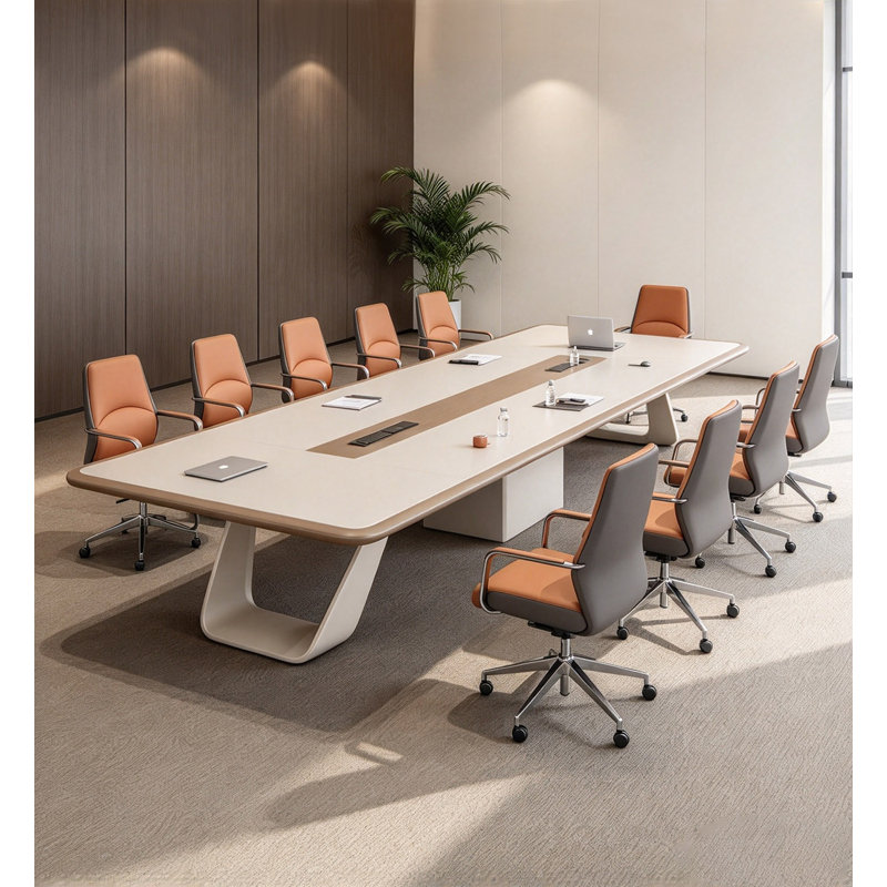 Grande table de réunion rectangulaire moderne avec gestion des câbles de prise de courant intégrée, bureau de direction pour la formation à la conférence