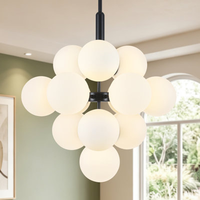 Lustre moderne classique à 13 lumières George Oliver, à intensité variable, avec abat-jour en verre opale bullé, idéal pour salle à manger, salon ou hall d'entrée.