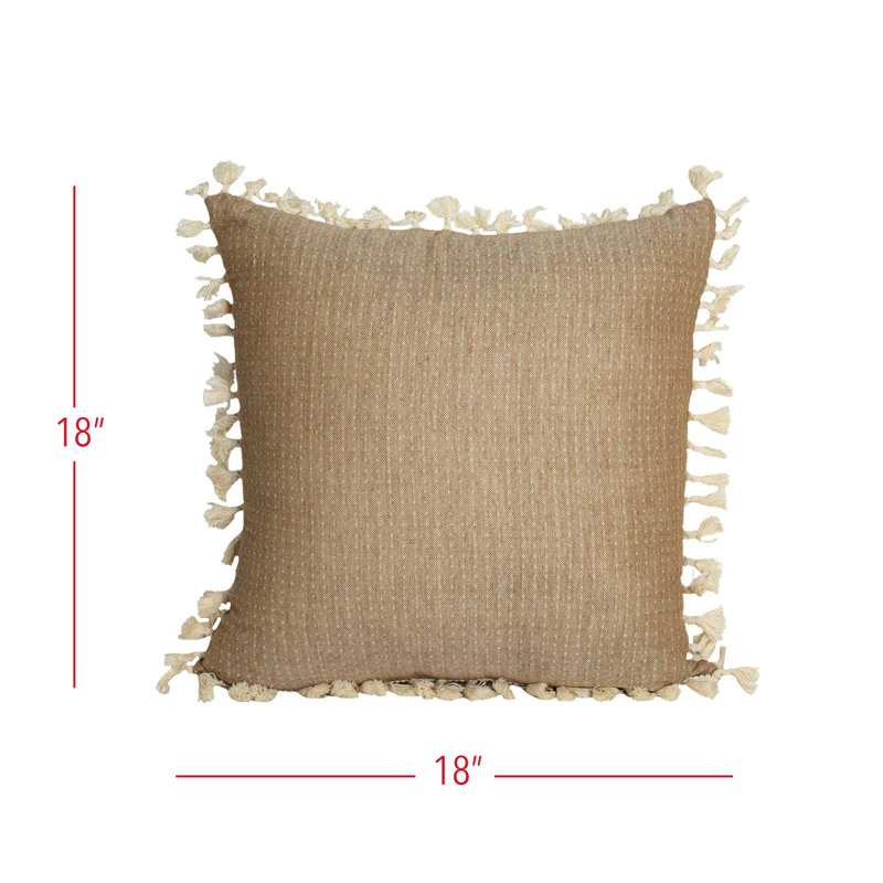 Handwoven Light Brown Cotton Reversible Throw Pillow with Tassels
