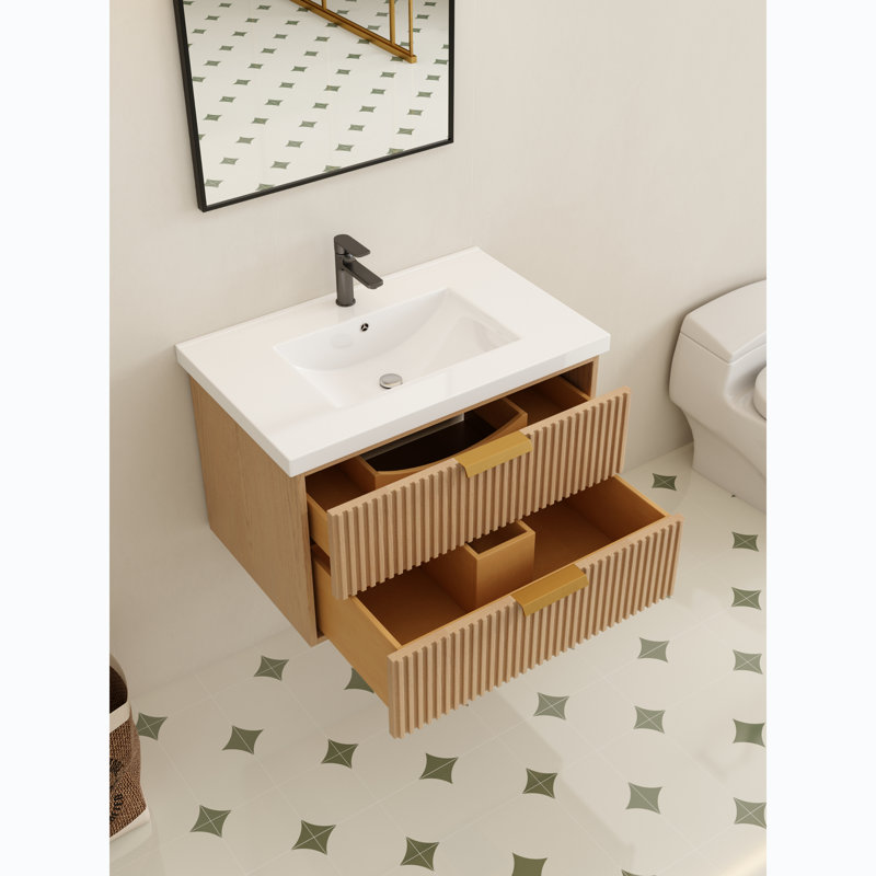 Meuble-lavabo flottant avec lavabo simple blanc Maxbano, Chêne, Doré