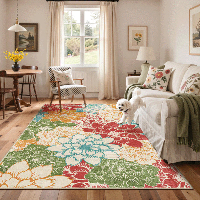 Modern Dahlia Floral Weather Resistant Indoor / Outdoor Cushioned Area Rug, Rectangle 6' x 9'