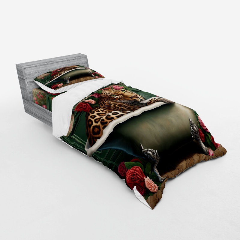 Ensemble de literie léopard Ambesonne et vert réséda et rose, Housse de couette simple très longue + 2 pièces