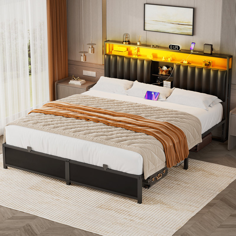 Kaizyn Upholstered PU Bed Frame with Lighted Headboard and Charging Station, King, Black