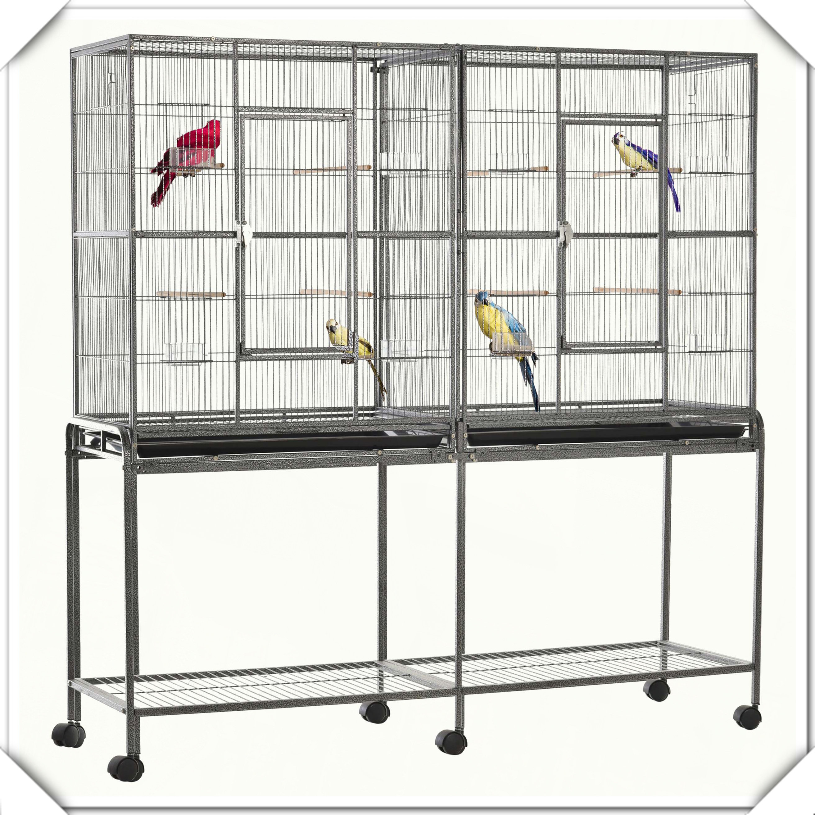 Hokku Designs Double Rolling Metal Bird Cage with Storage Shelf Wood ...