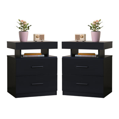 Ensemble de 2 tables de chevet à DEL avec 2 tiroirs en tissu pour la chambre à coucher (noir)