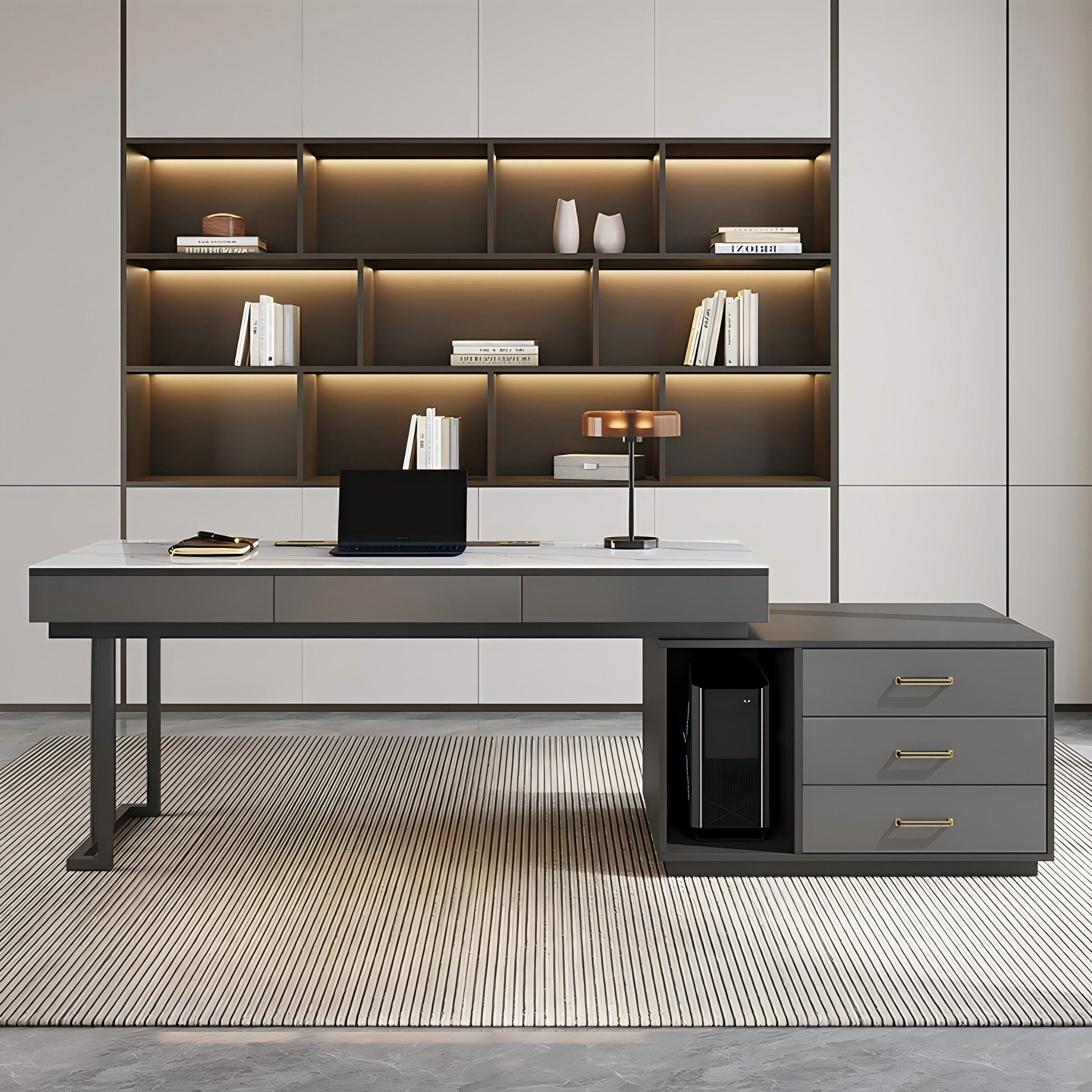 DECADANZ Gray Rectangle Sintered Stone Credenza Desk with and Cabinet ...